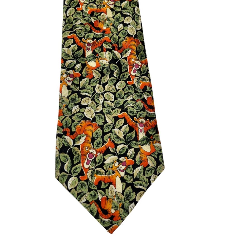 Vintage Disney World Mens Tigger in Jungle Leaves Green Orange Silk Pointed Tie - Picture 5 of 11
